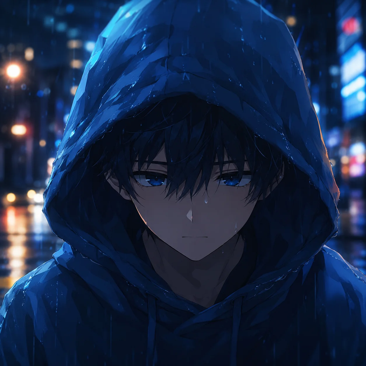 Blue anime boy pfp with oversized hoodie and rainy city lights for moody Instagram and Discord avatars