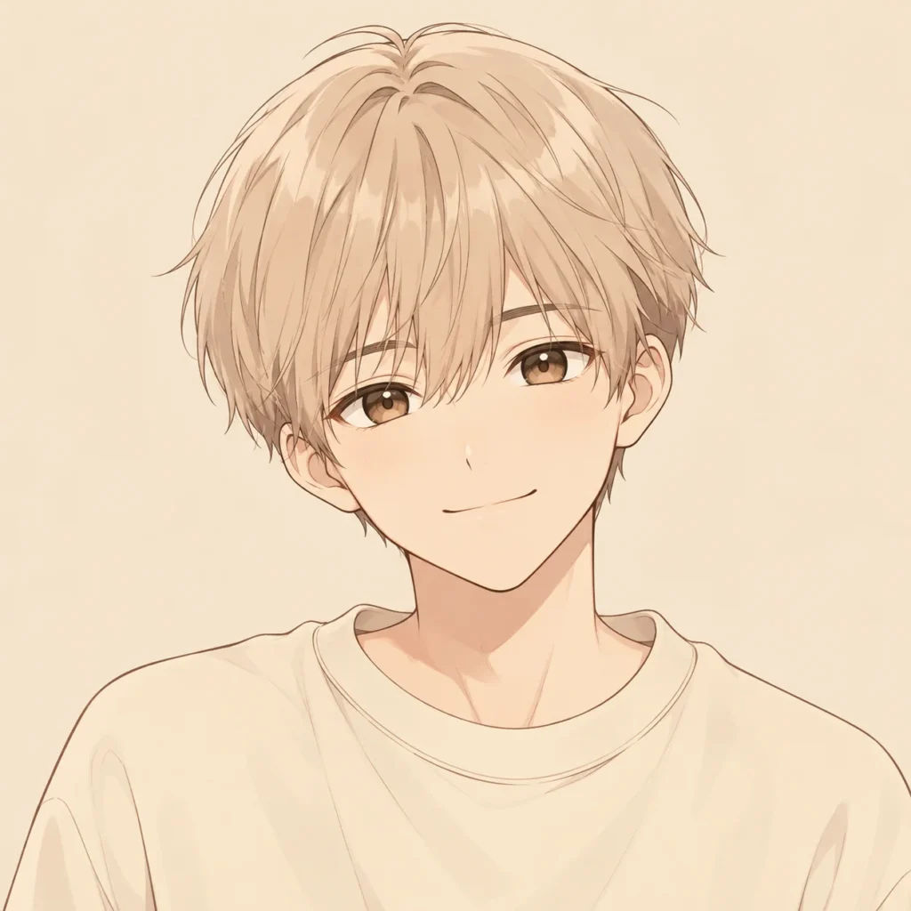 Anime boy kawaii pfp with cream beige tones and soft smile for social media avatars