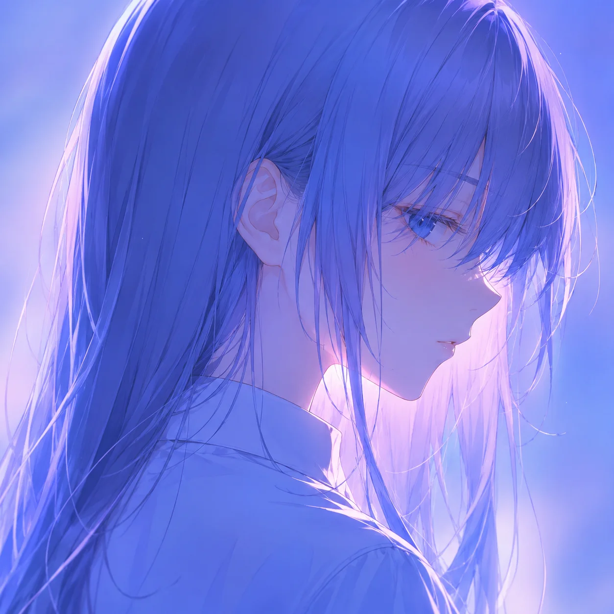 Anime girl pfp in blue and lavender glow with soft side profile for aesthetic Instagram and Discord avatars