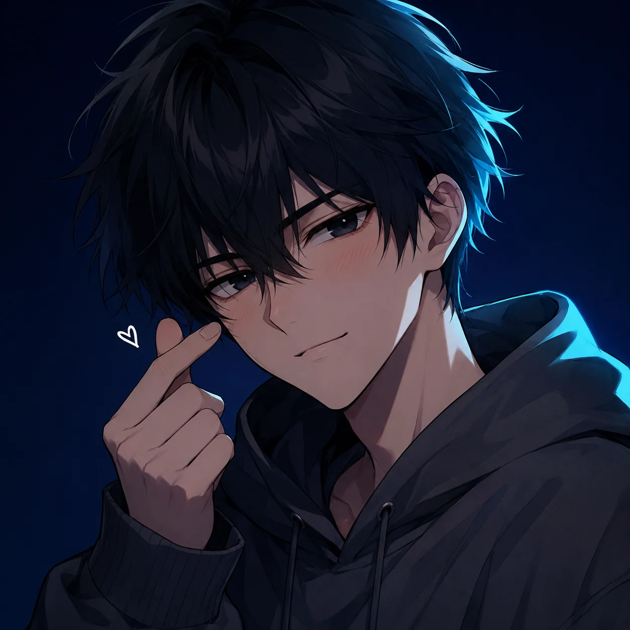 Anime boy heart pfp making a finger heart gesture in dark hoodie with soft blush for cool avatars (95 characters)