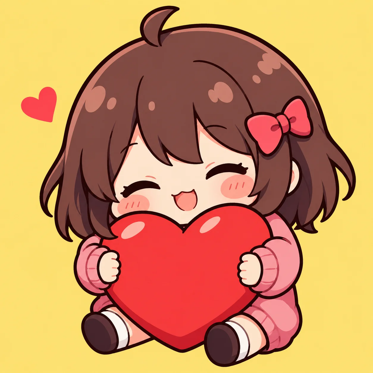 Chibi anime heart pfp with small character hugging an oversized red heart for cute profile pictures (97 characters)