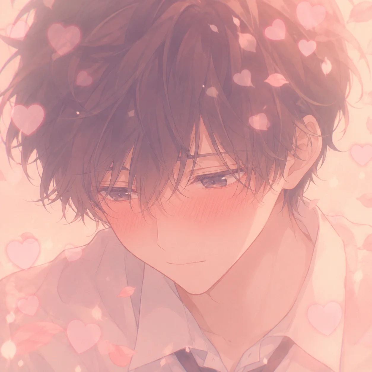 Soft pastel anime heart pfp of blushing character surrounded by floating pink hearts and petals (93 characters)