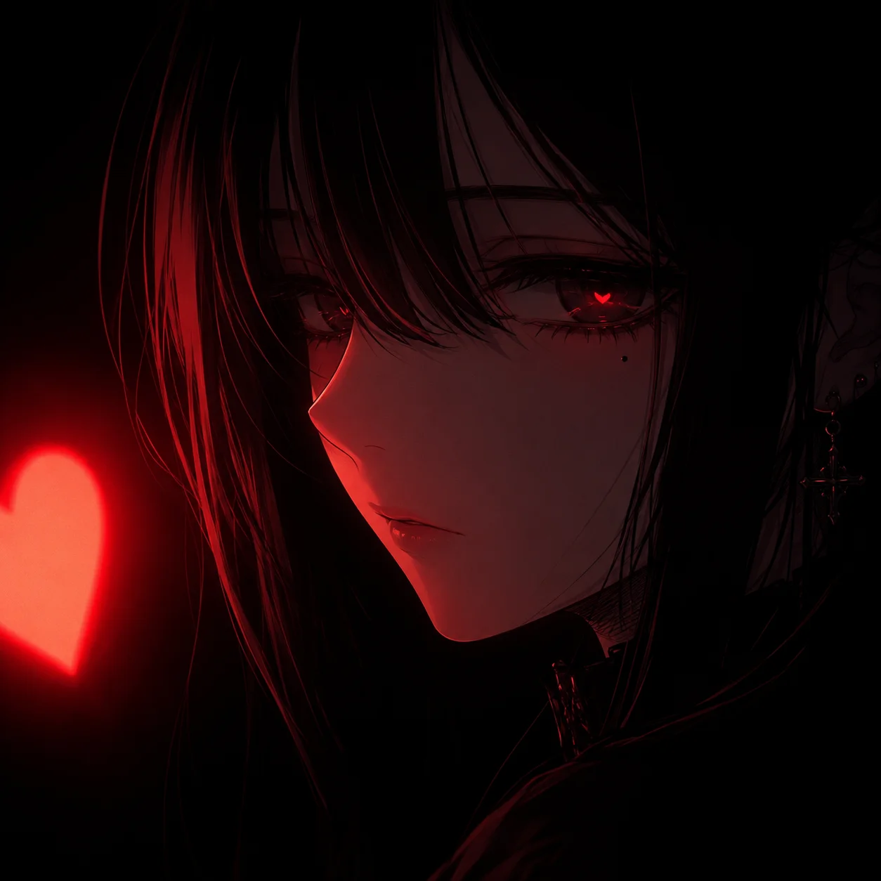 Dark aesthetic anime girl heart pfp with red glowing heart reflection in her eyes for moody avatars (97 characters)