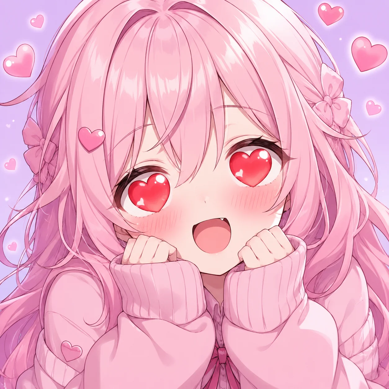 Anime girl heart eyes pfp with pink hair and heart shaped pupils blushing for kawaii Discord avatars (98 characters)