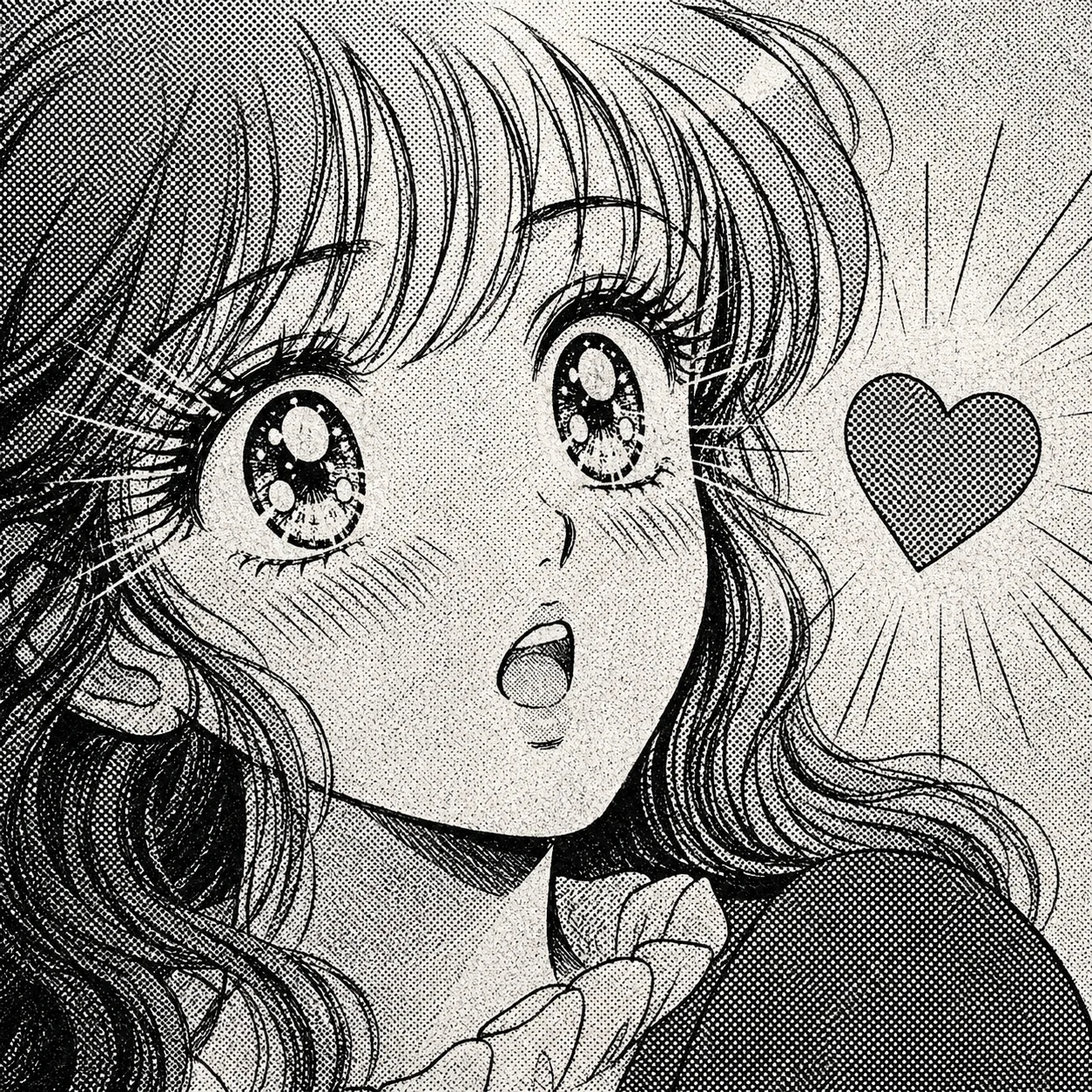 Retro manga heart pfp in black and white halftone with screentone heart and shoujo sparkle details (96 characters)