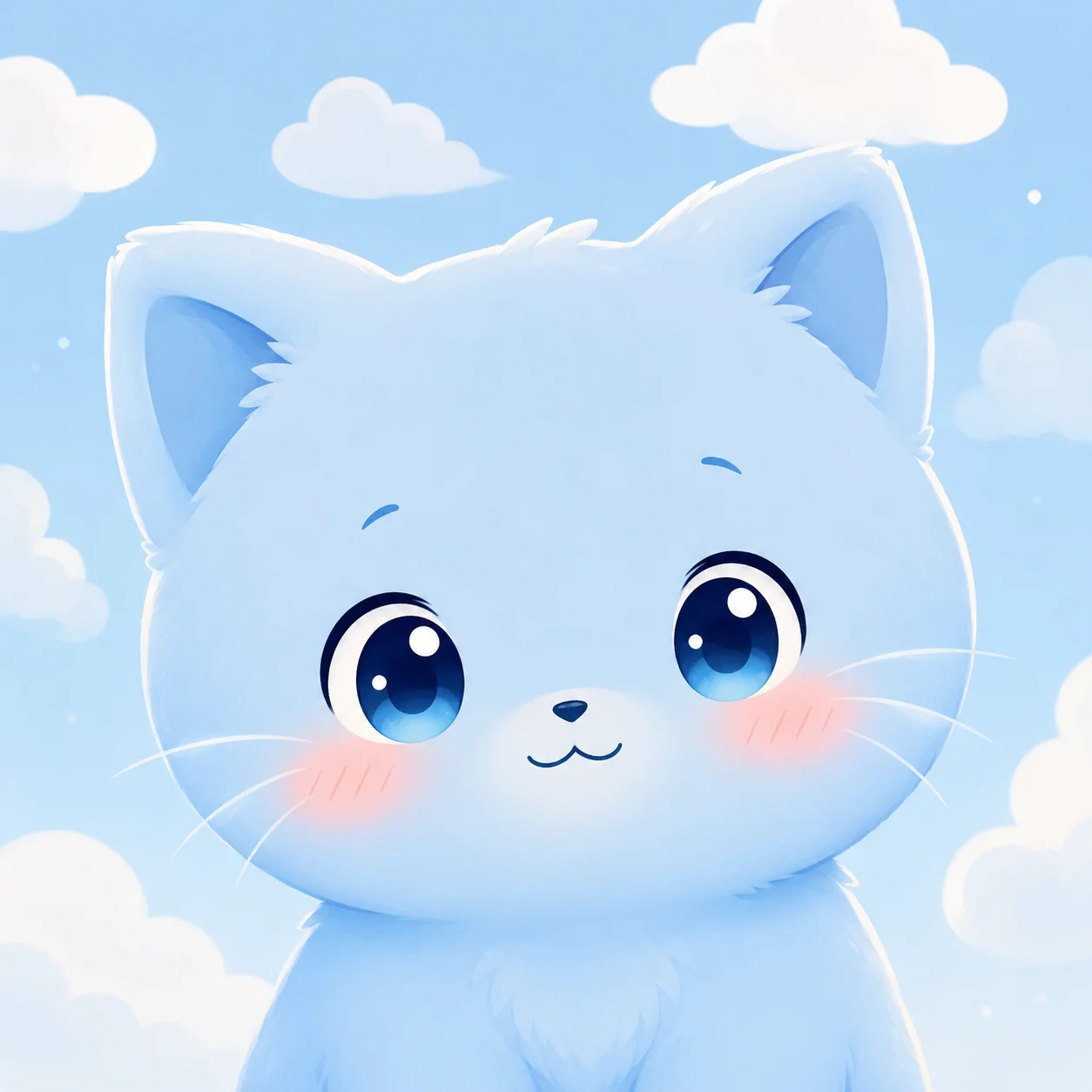 Baby blue cartoon cat pfp with blushing cheeks and cloud details for soft TikTok and Discord icons