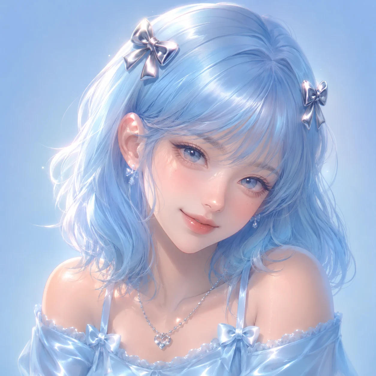 Baby blue Y2K pfp with chrome bows and soft glow for cute retro-inspired Instagram and TikTok avatars