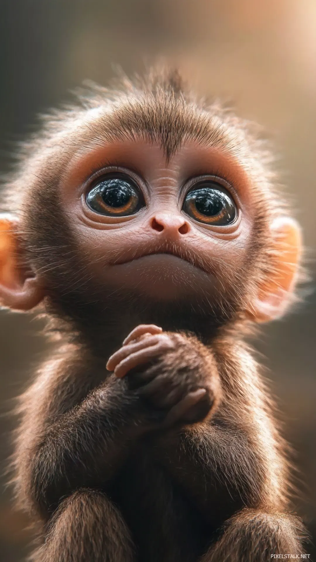 Baby monkey pfp with curious gaze and leafy background for natural, wholesome social media profiles