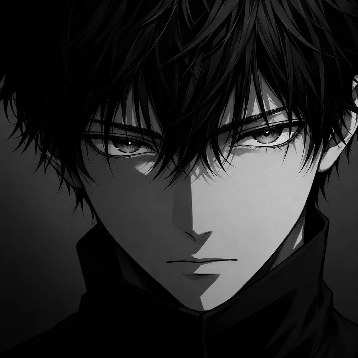 Moody black and white anime pfp with sharp eyes and clean crop for TikTok and Discord avatars
