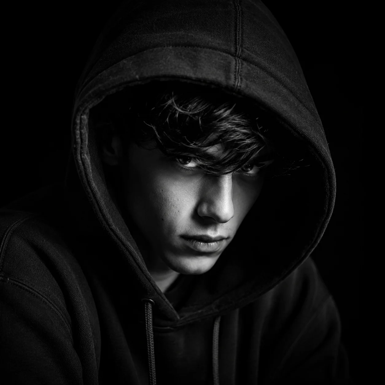 Black and white boy pfp with hoodie and crisp contrast for a cool moody gaming avatar