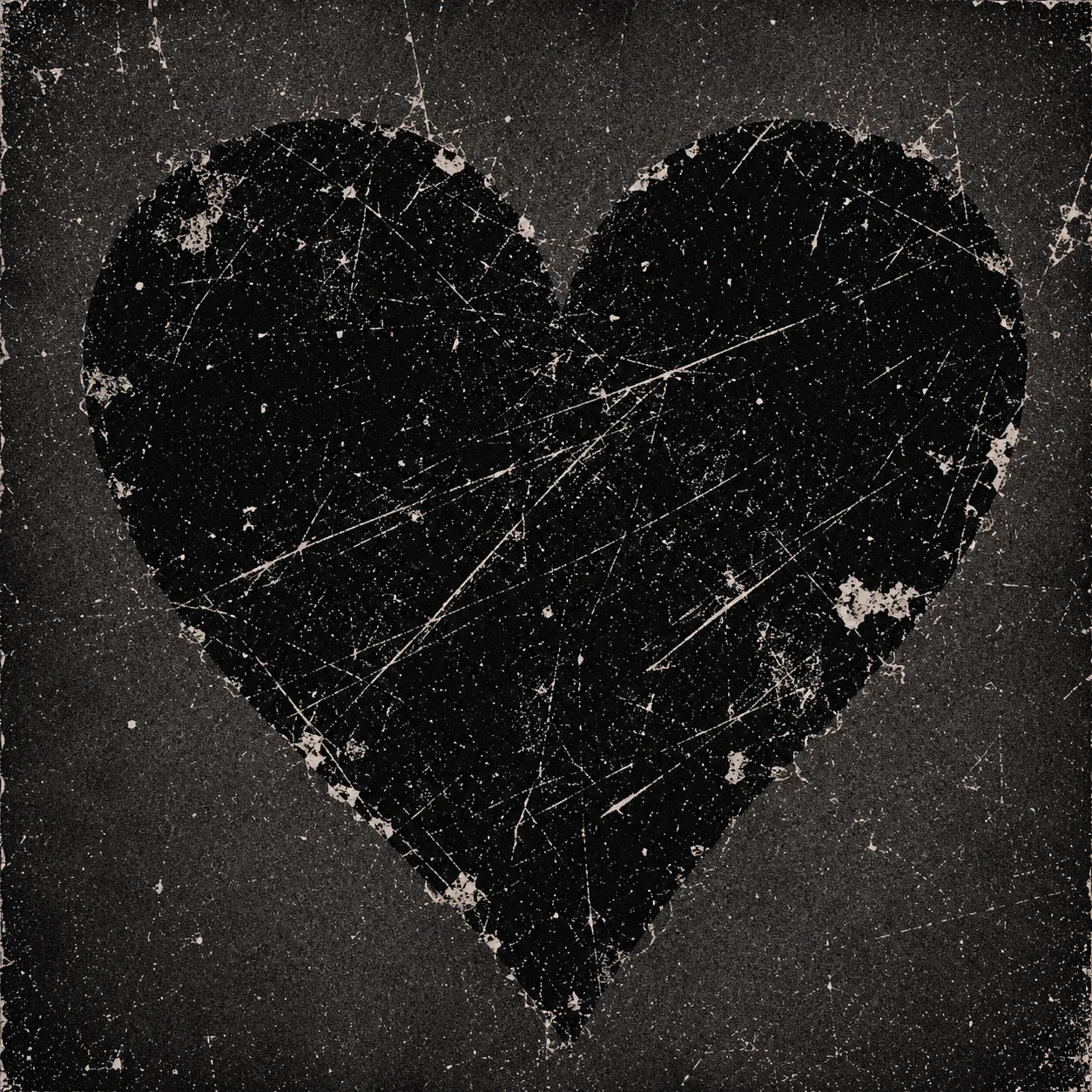 Grunge black heart pfp with scratched distressed texture and grainy film overlay for alt emo profiles (99 characters)