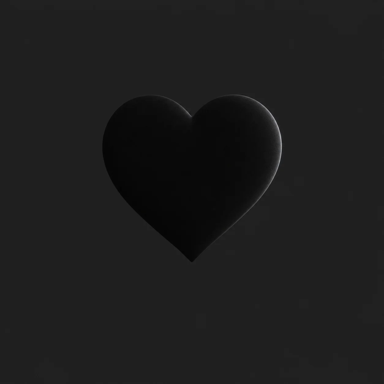 Matte black heart pfp centered on charcoal grey background with soft rim light for dark aesthetic avatars (103 characters)