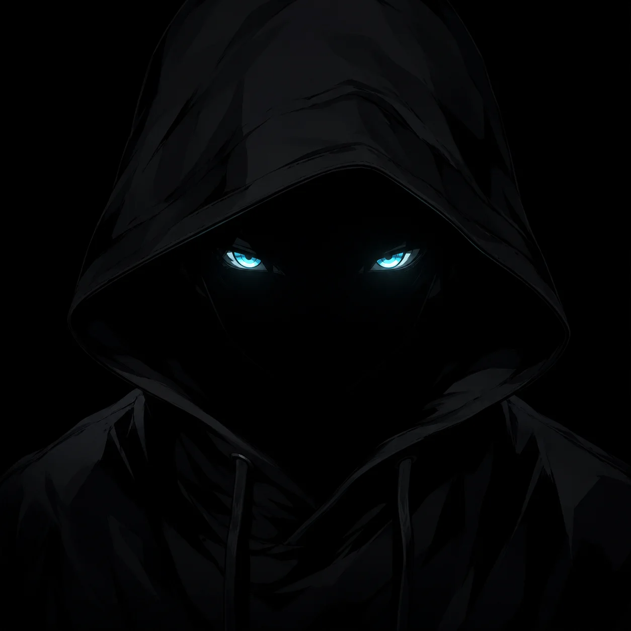 Black pfp anime boy hooded silhouette with glowing eyes and deep shadow for a mysterious dark Discord and gaming avatar