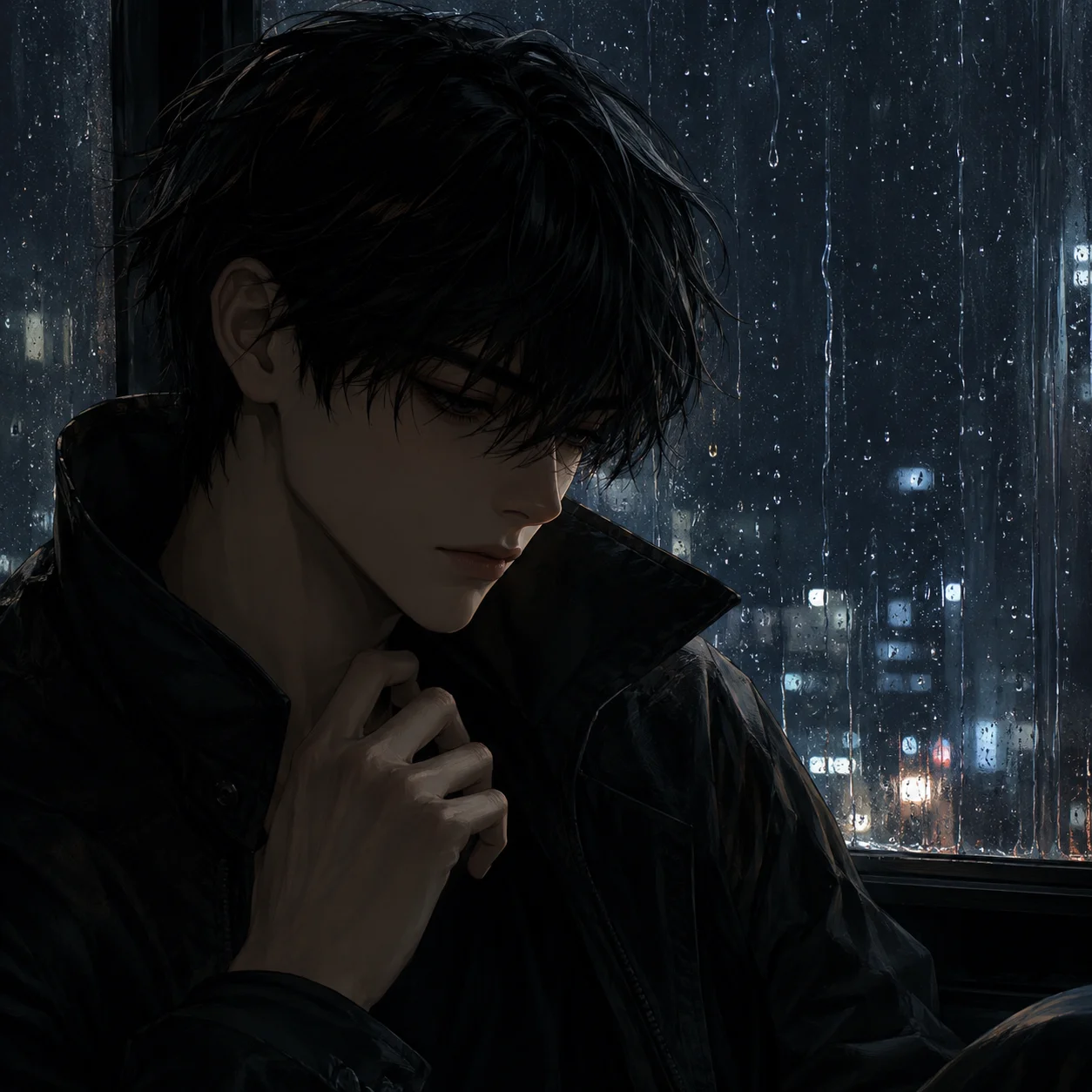 Broody anime boy black pfp by a rain-streaked window with black jacket collar for a moody, cinematic night gaming avatar