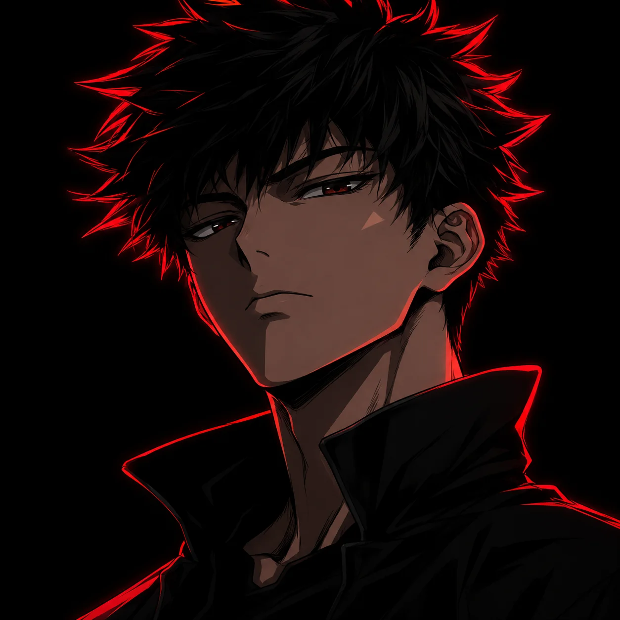 Confident anime boy black pfp with sharp jawline, dark spiky hair, and red neon rim light for a bold Discord avatar