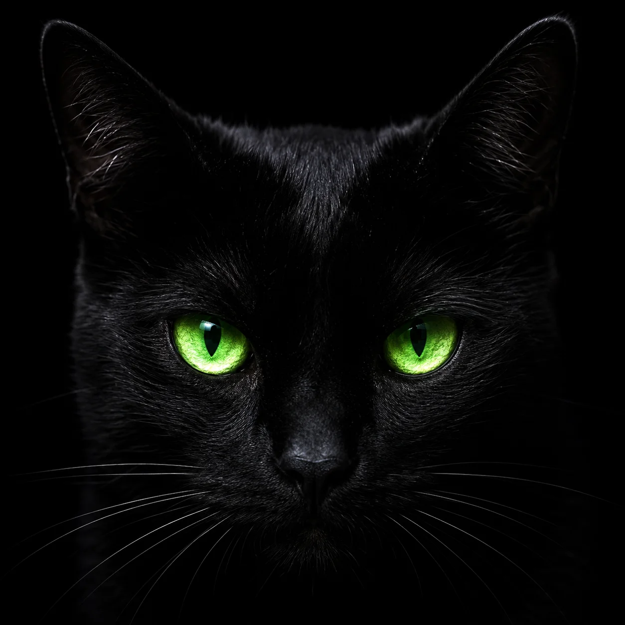 Black cat pfp close-up portrait with glowing green eyes and sleek fur for a mysterious feline Discord and gaming avatar