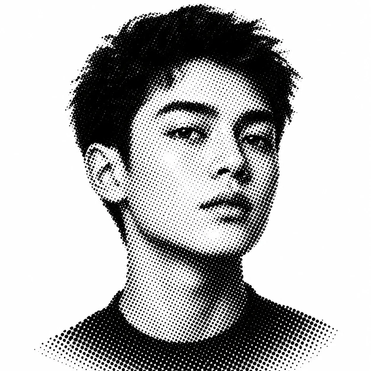 Black and white pfp portrait with halftone dot pattern and high contrast for a bold, graphic, editorial Instagram avatar