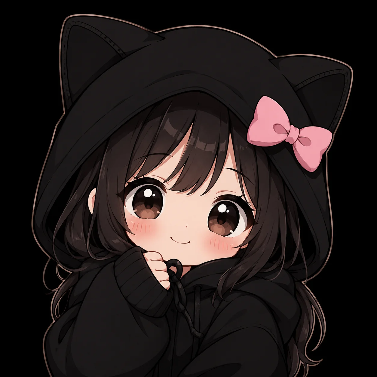 Chibi anime girl black pfp wearing a black cat-ear hood with a pastel bow for a cute, cozy Discord and TikTok picture