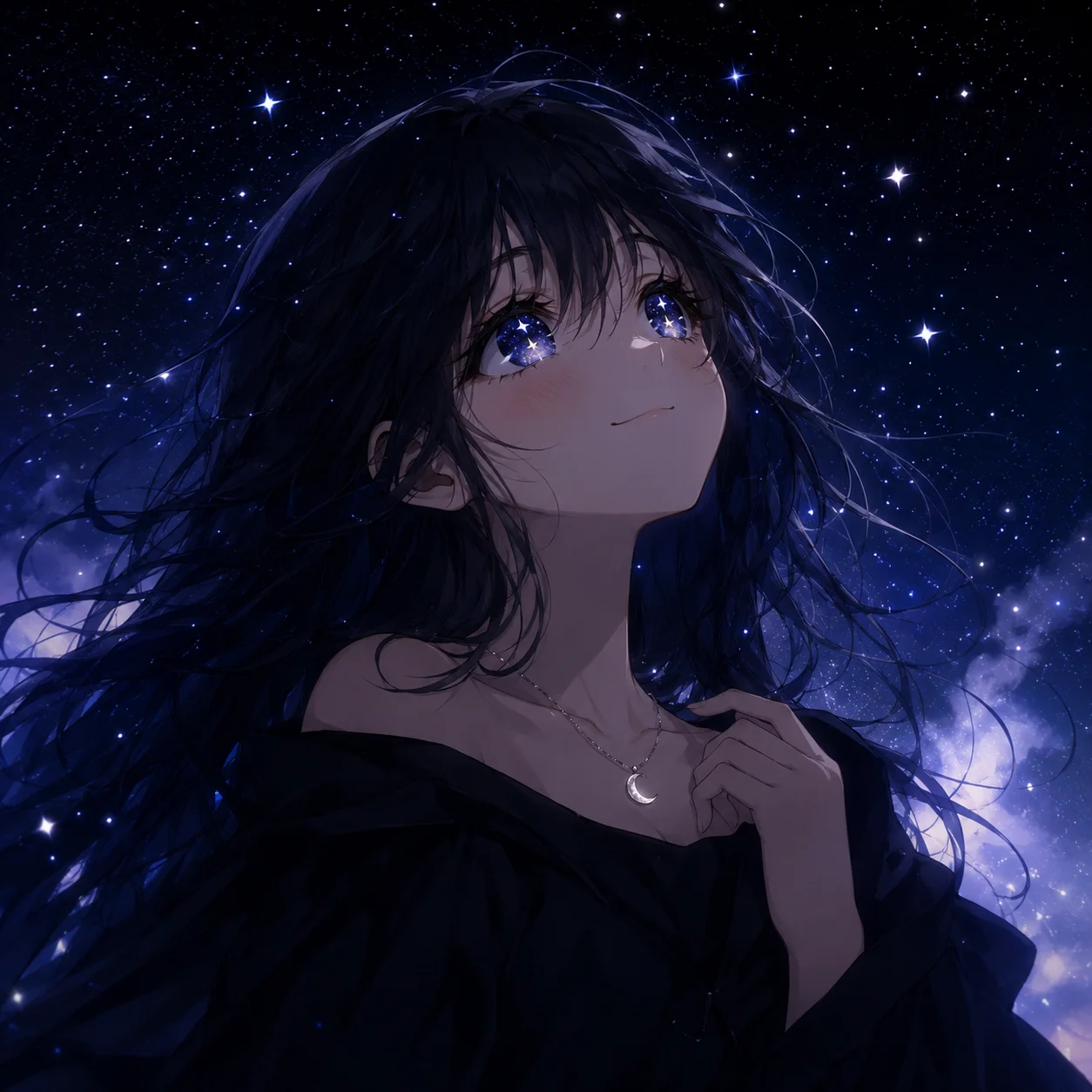 Cute black pfp anime girl with pastel lavender hair, sparkling eyes, and soft blush for a kawaii Discord and TikTok avatar