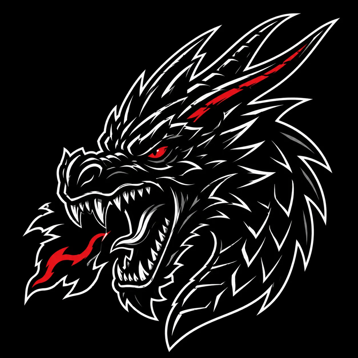 Bold black pfp dragon mascot icon with a red accent and sharp linework for a gaming clan Discord and esports avatar