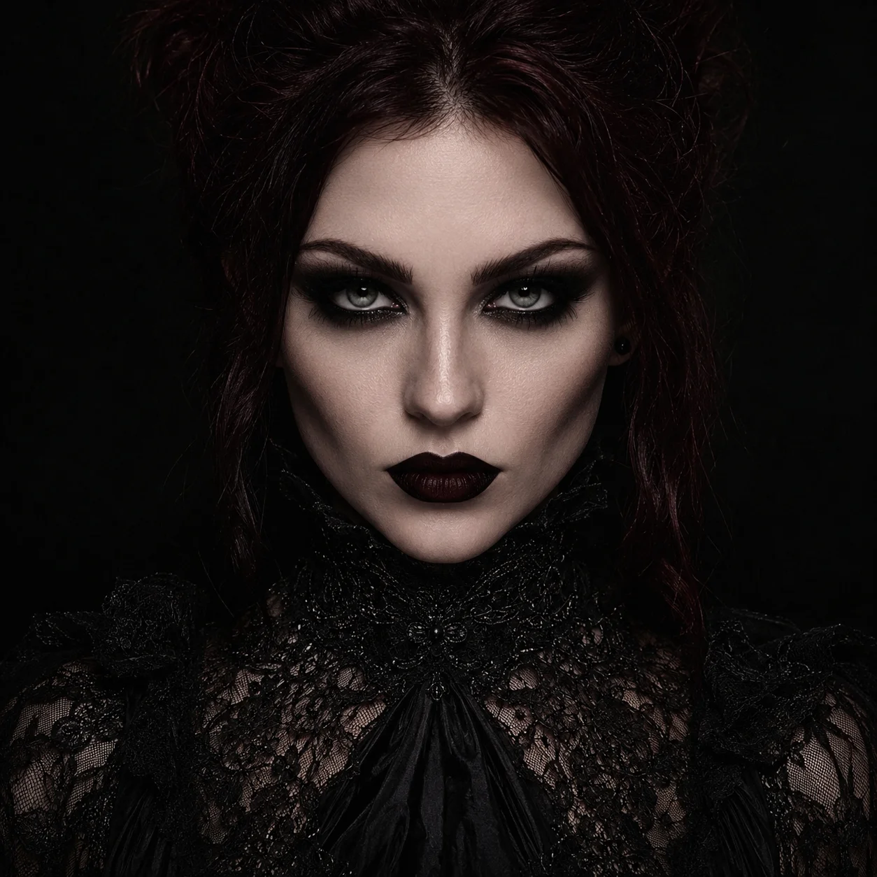 Gothic black pfp portrait with dark lace collar and dramatic eye makeup for an alt, edgy Discord and Instagram avatar
