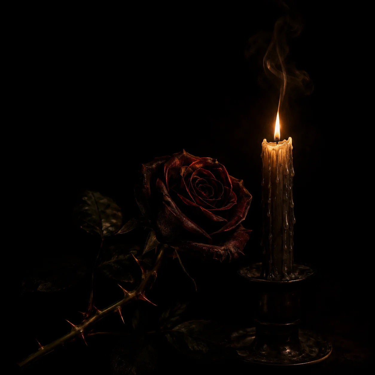 Dark gothic black pfp with thorned roses and candlelight for a mysterious, occult-inspired Pinterest profile picture