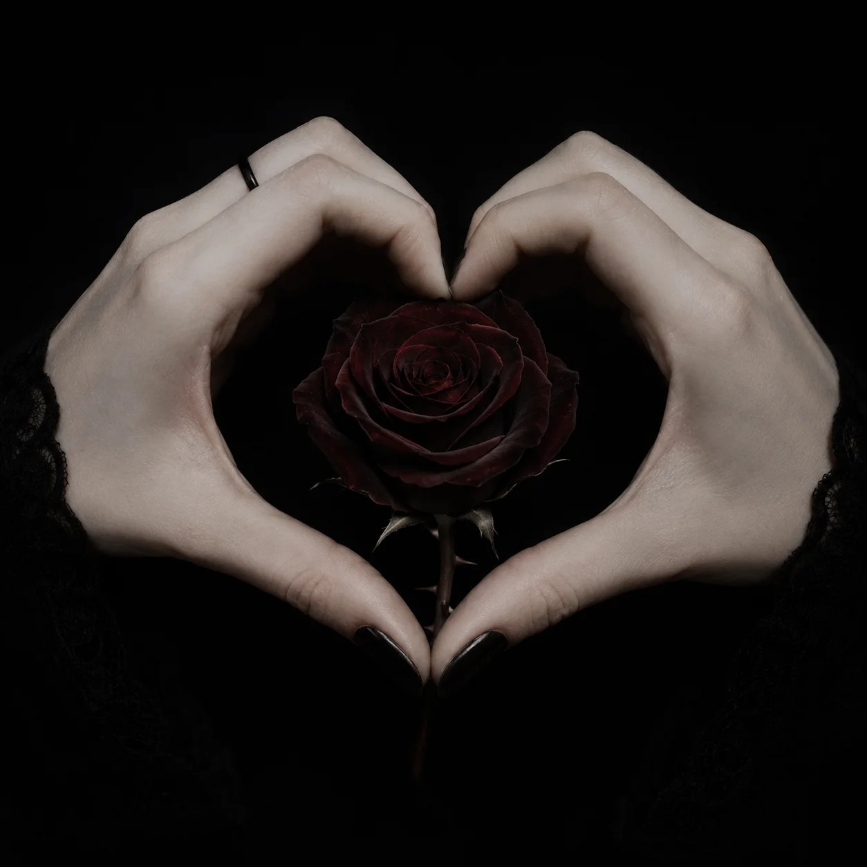 Gothic matching black pfp with two hands forming a heart around a dark rose for a romantic, dark Instagram duo picture