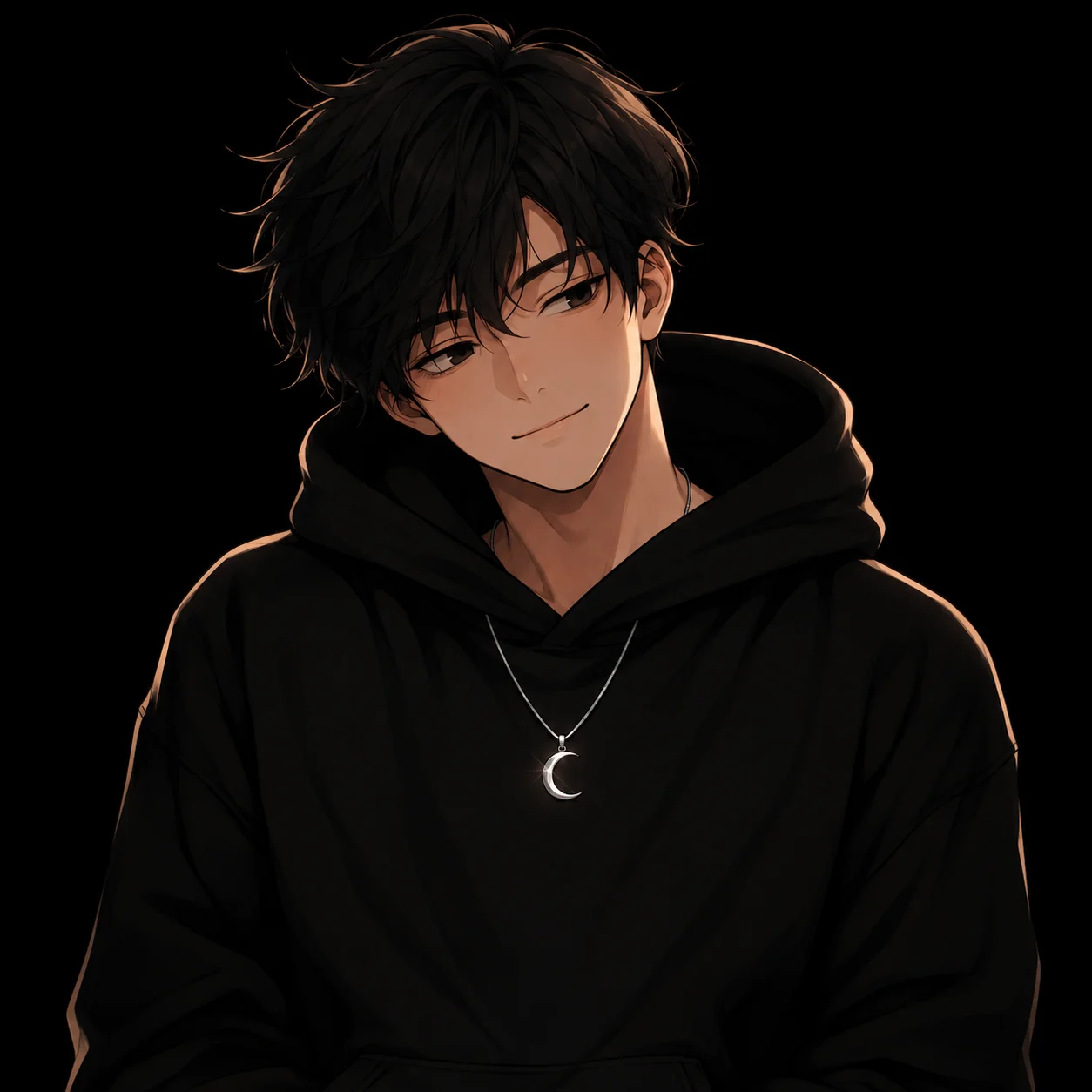 Matching black pfp anime character in a black hoodie with a crescent moon pendant for a cozy Discord and TikTok duo set
