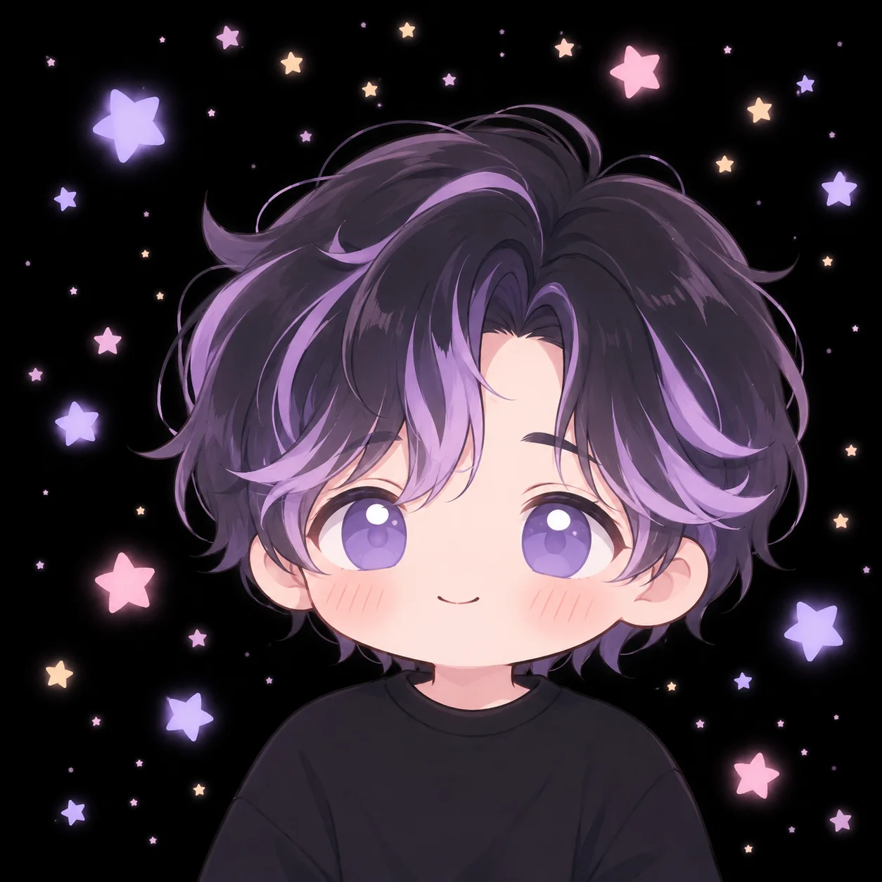 Soft pastel black pfp chibi bunny character with pink bow and sparkly eyes for a cute, cozy Discord and TikTok avatar