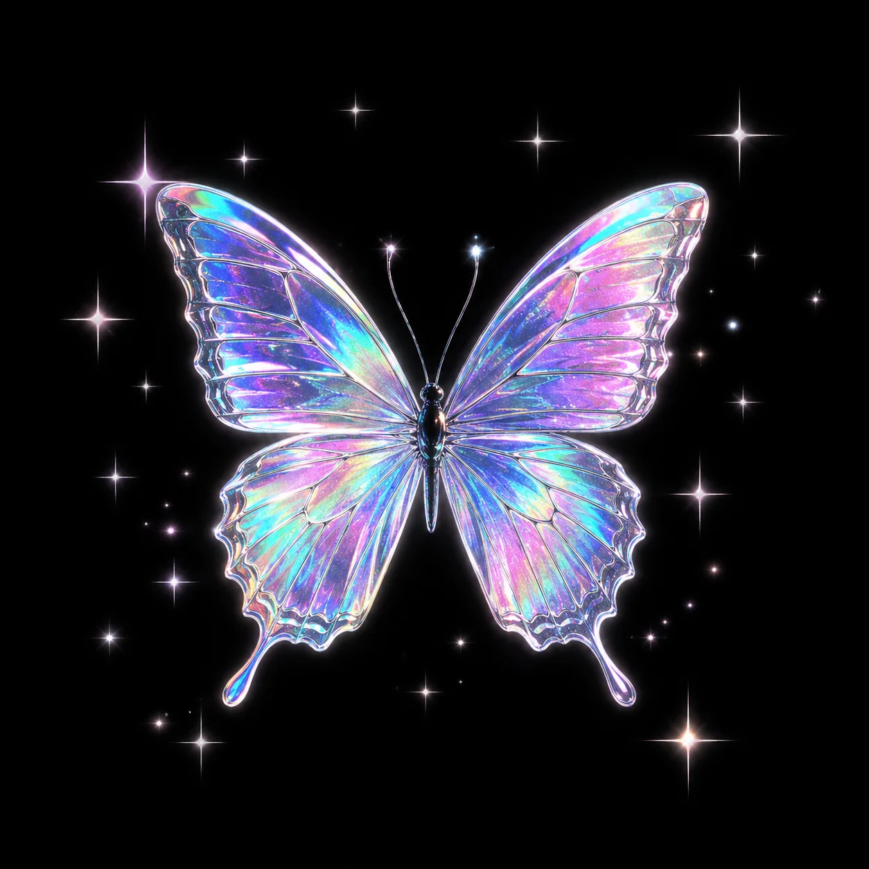 Y2K black pfp with a holographic butterfly and sparkle accents for a nostalgic 2000s Instagram and Pinterest picture