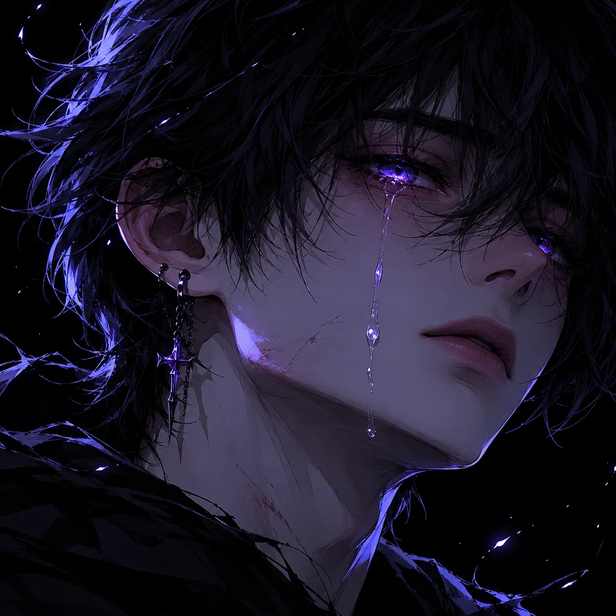 Black and white emo avatar with mascara tears and intense close-up for dark profile use