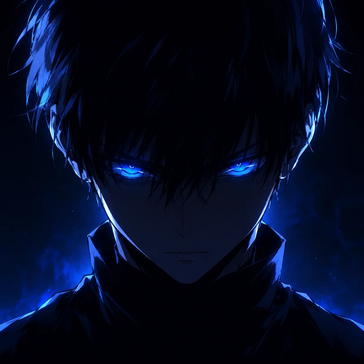 Blue anime boy pfp with shadowed face and electric blue eyes for intense gaming and Discord profile use