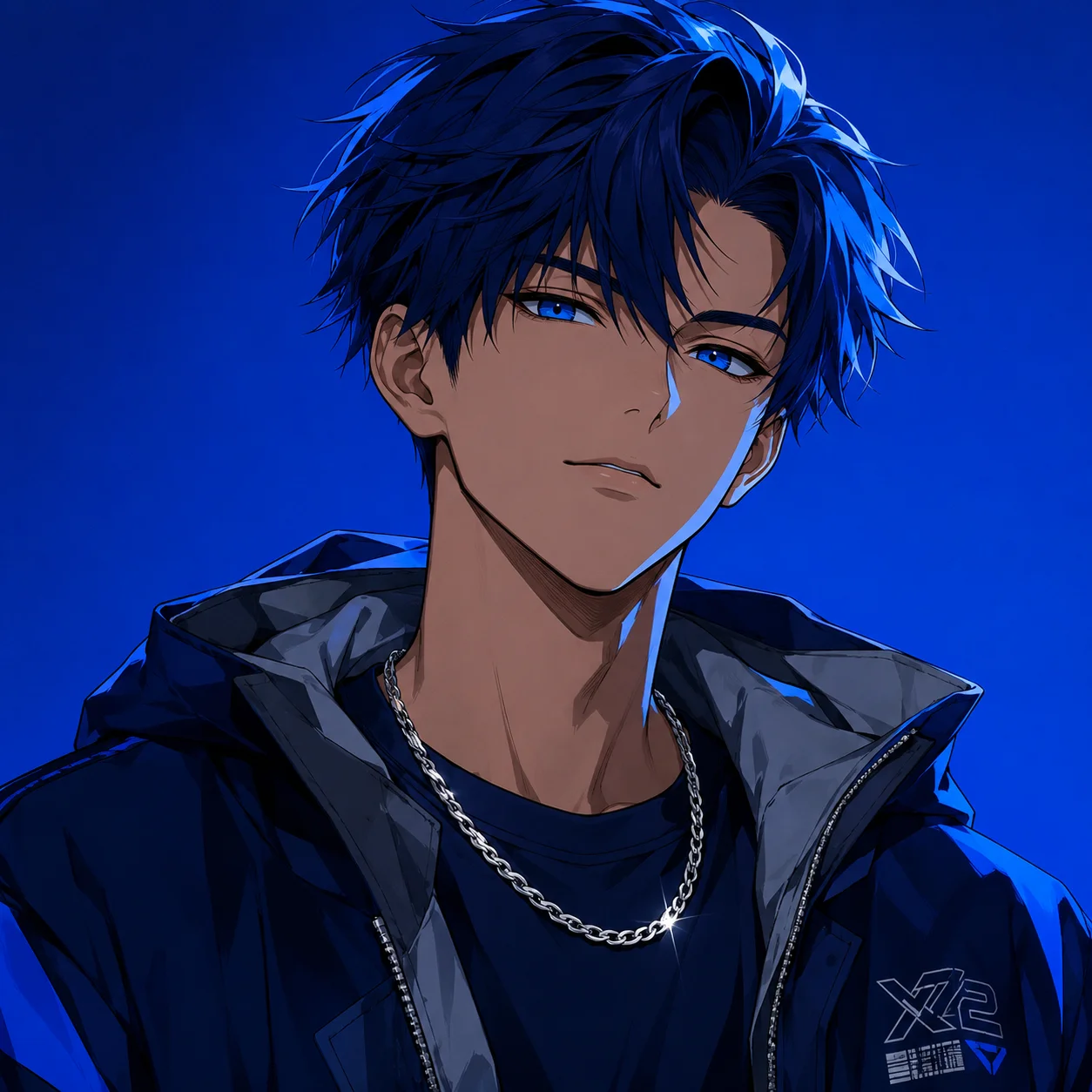 Blue anime boy pfp with silver chain and streetwear styling for cool social media and streamer profiles