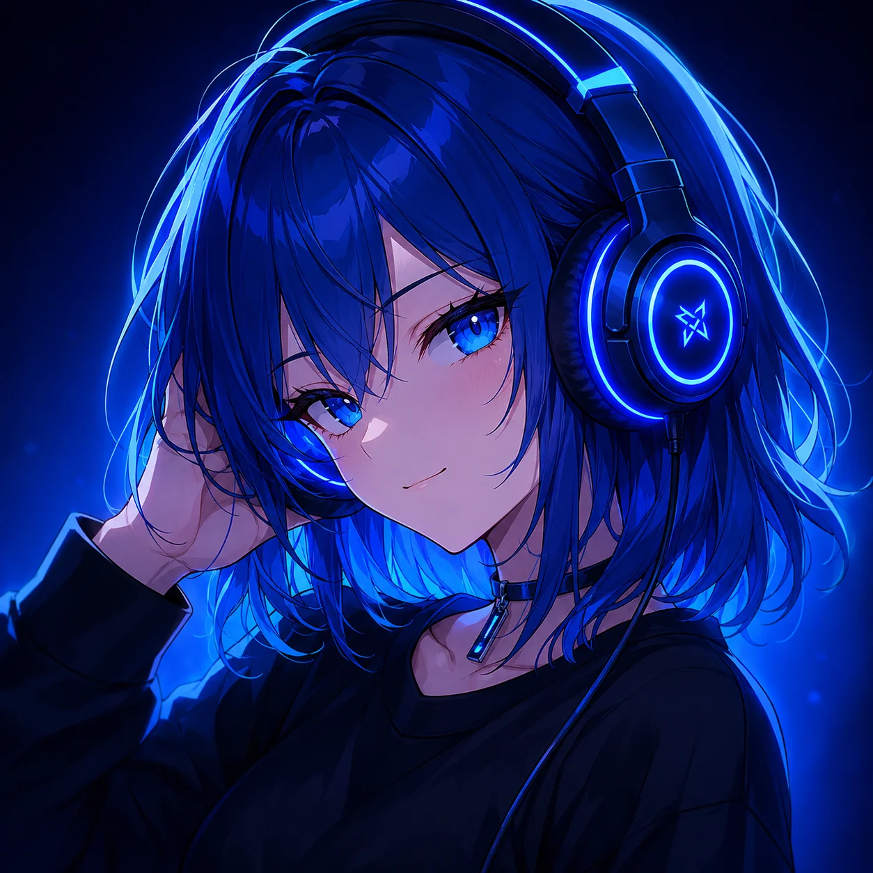 Blue anime girl pfp with headphones and soft neon glow for cool Discord, TikTok, and streamer avatars
