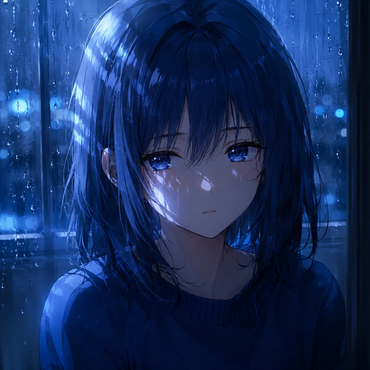 Blue anime pfp girl with rainy window lighting and emotional eyes for moody TikTok and gaming profiles