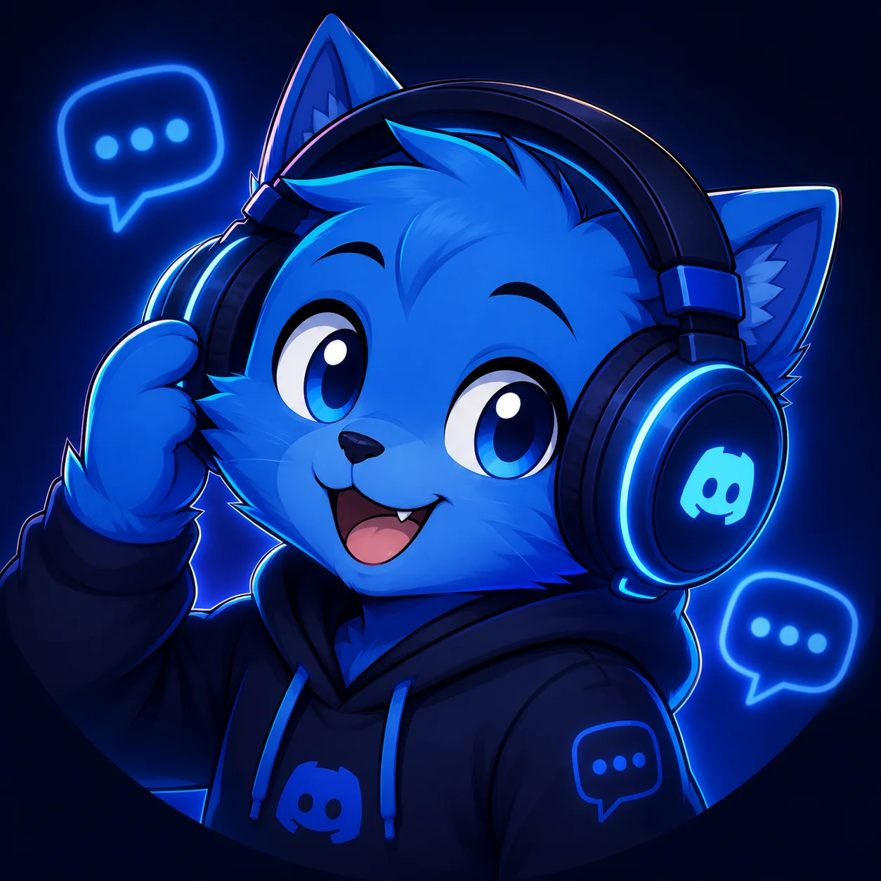 Blue Discord pfp with cat headphones and neon chat tones for playful gaming and community profiles