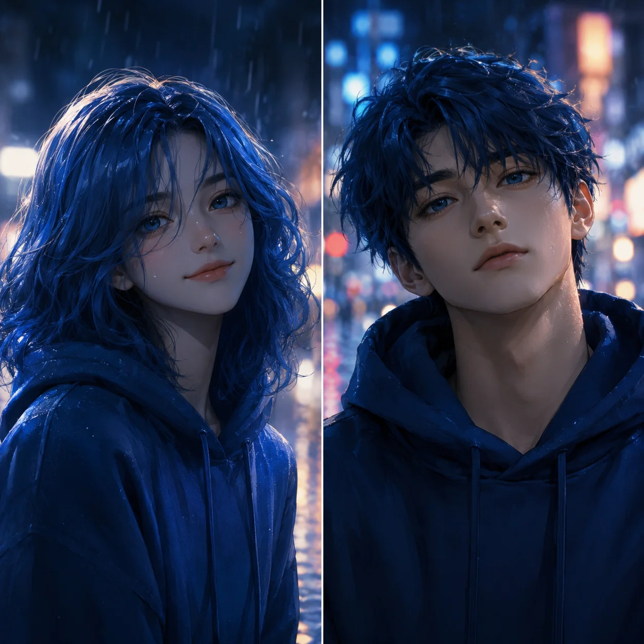 Blue matching pfp with hoodie duo and rainy city lighting for moody TikTok and Discord pair profiles