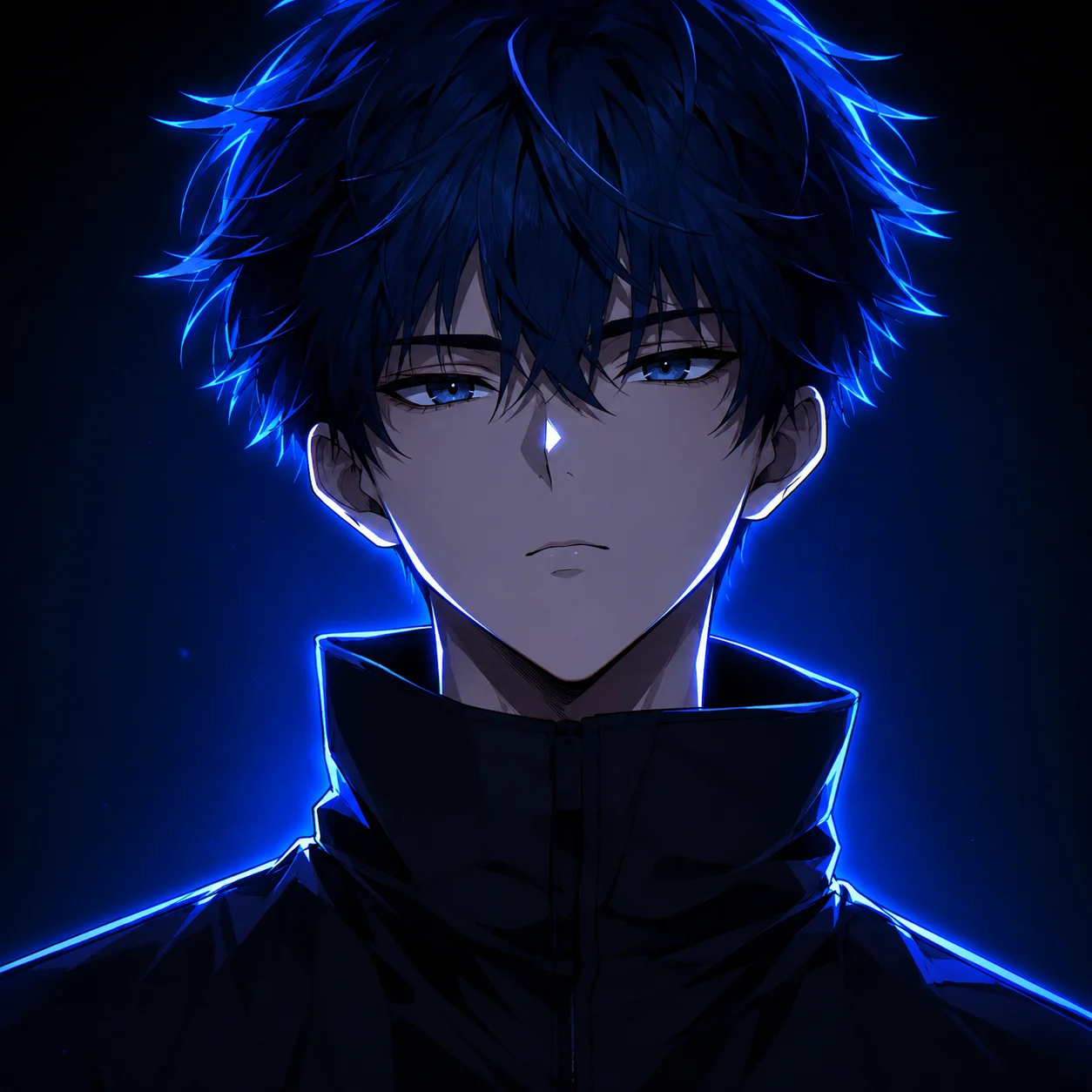Cool blue anime boy pfp with black jacket and neon glow for Discord, TikTok, and gaming profiles