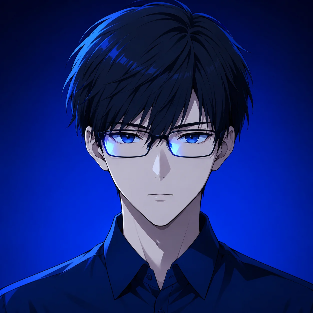 Blue anime boy pfp with glasses and minimal cobalt background for sleek Instagram and Discord profile pictures