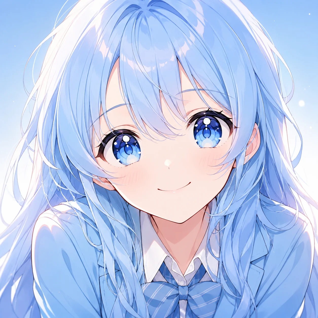 Blue anime girl pfp with pastel hair and sparkling eyes for cute Discord and TikTok profile pictures