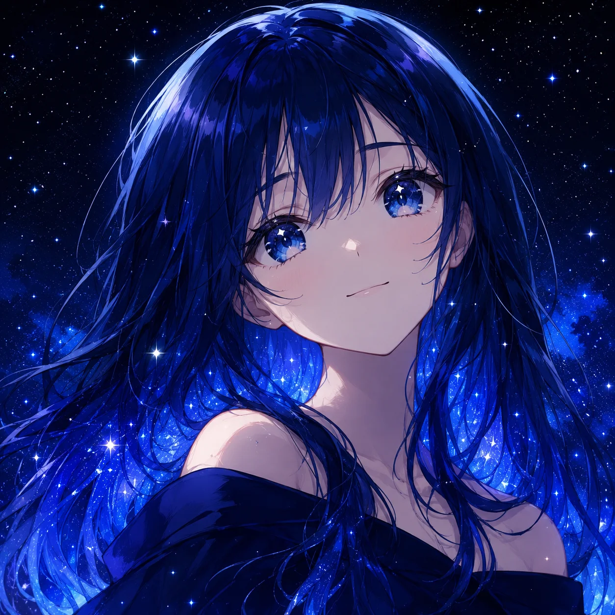 Blue pfp anime girl with glossy eyes and starry night tones for dreamy social media profile pictures