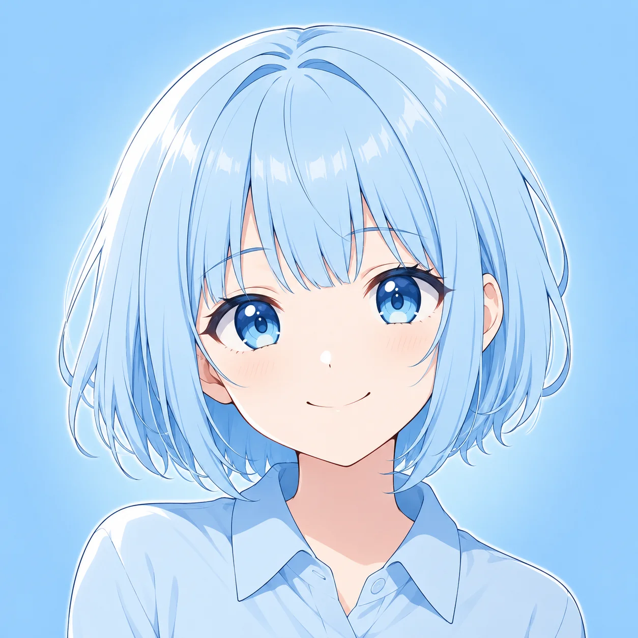 Baby blue anime pfp with bright eyes and a soft smile ideal for TikTok, Discord, and aesthetic profile use