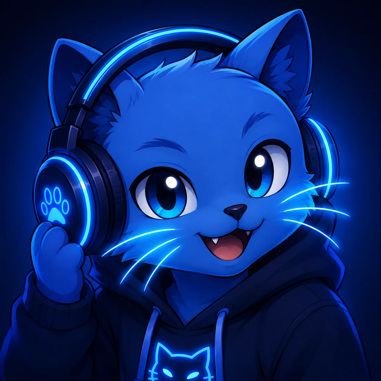 Blue cat pfp with headphones and neon whisker glow for cool Discord, streamer, and gaming avatars
