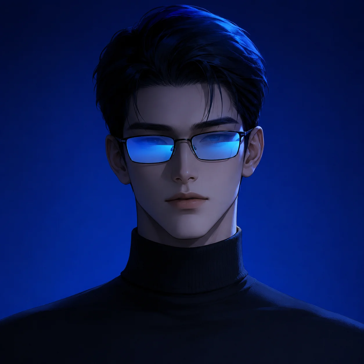 Dark blue pfp with reflective glasses and minimal portrait framing for sleek Discord and Instagram profiles