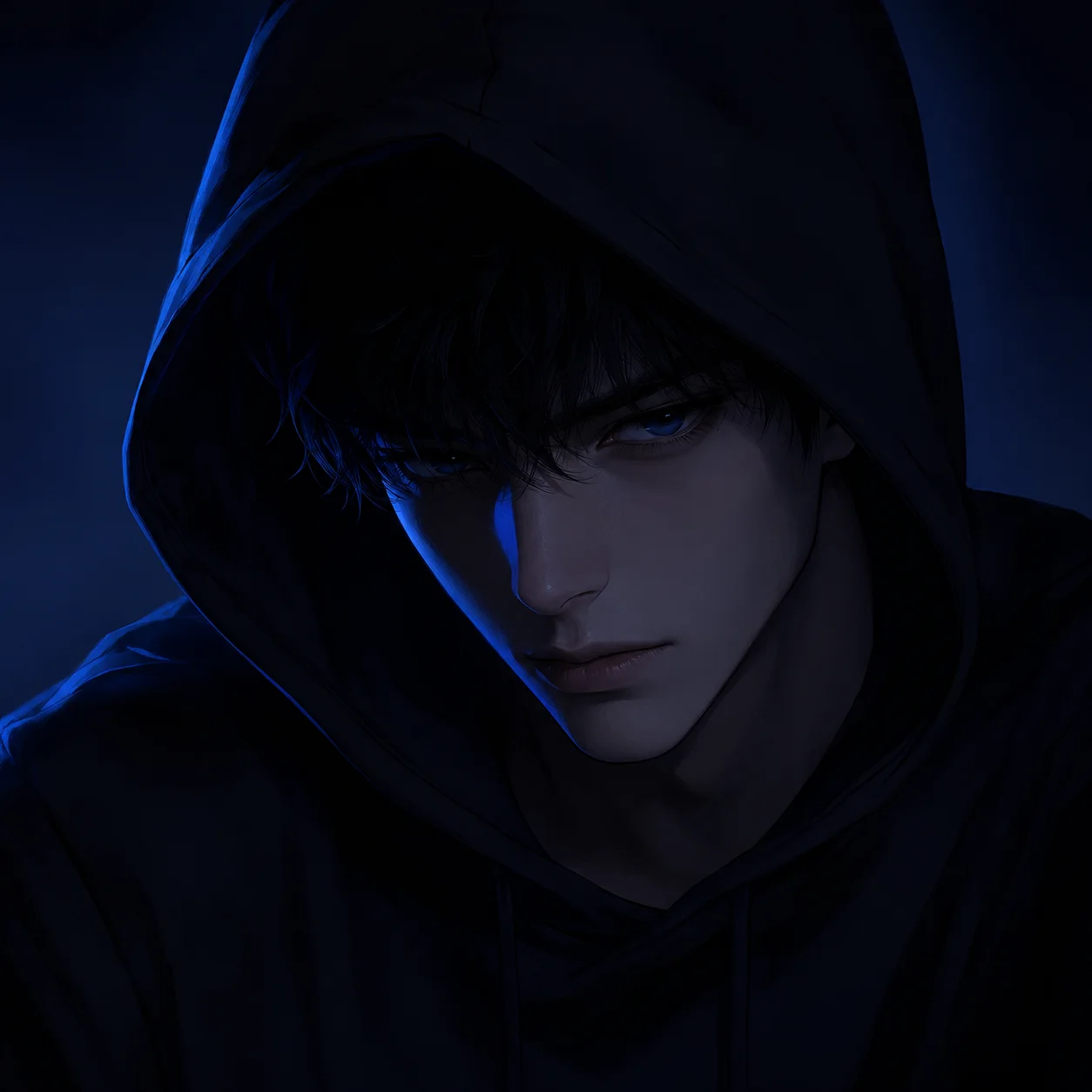 Dark navy blue pfp with black hoodie and moody expression for Discord, Instagram, and gaming profiles