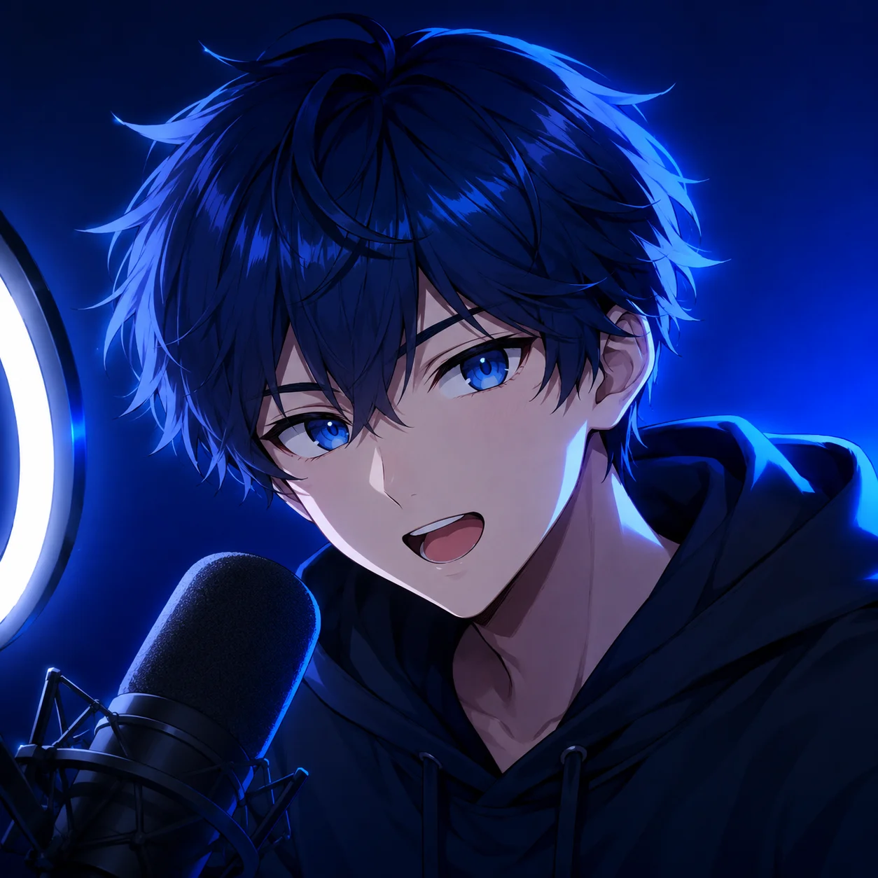 Blue streamer pfp with anime boy portrait and mic lighting for Discord, TikTok, and live content profiles