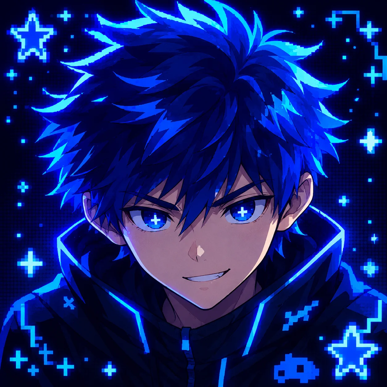 Blue pfp Y2K with pixel stars and neon anime boy styling for gaming, Discord, and streamer profiles