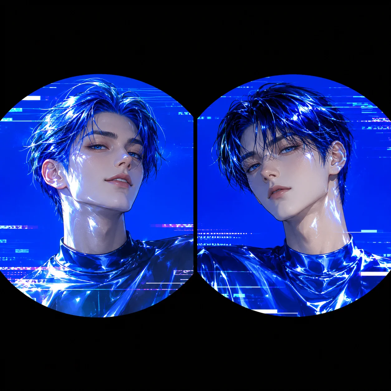Blue Y2K matching pfp pair with chrome glitch styling for TikTok, Discord, and retro duo profiles