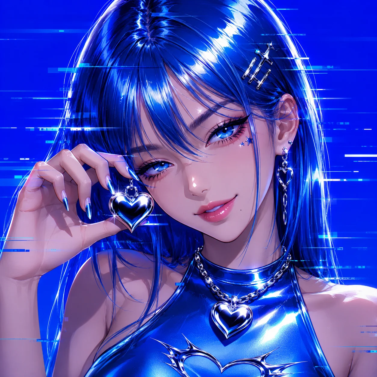 Blue Y2K pfp with chrome heart accents and glitch styling for TikTok, Discord, and retro aesthetic profiles