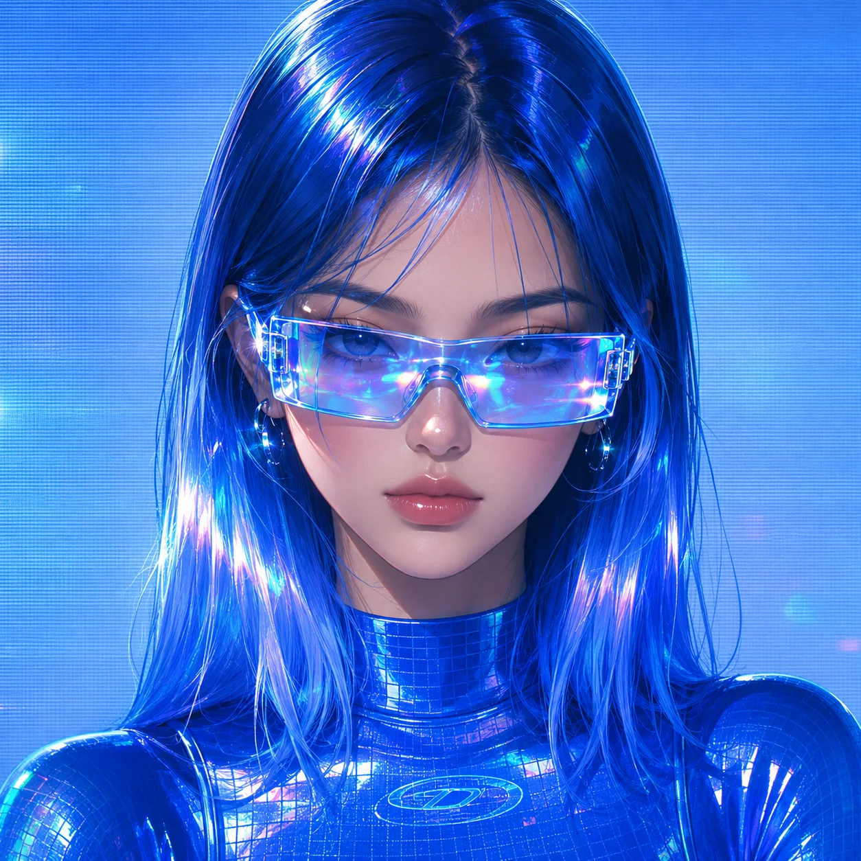 Blue Y2K pfp with holographic glasses and webcore styling for nostalgic TikTok and Discord profiles